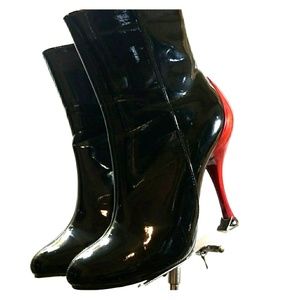 Black patent ankle boots with lipstick red heels